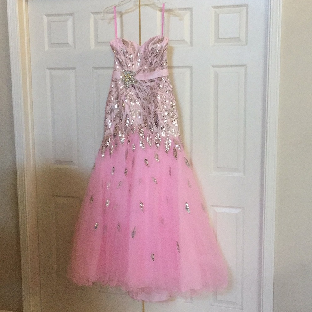 Light pink and silver sequin pageant prom gown